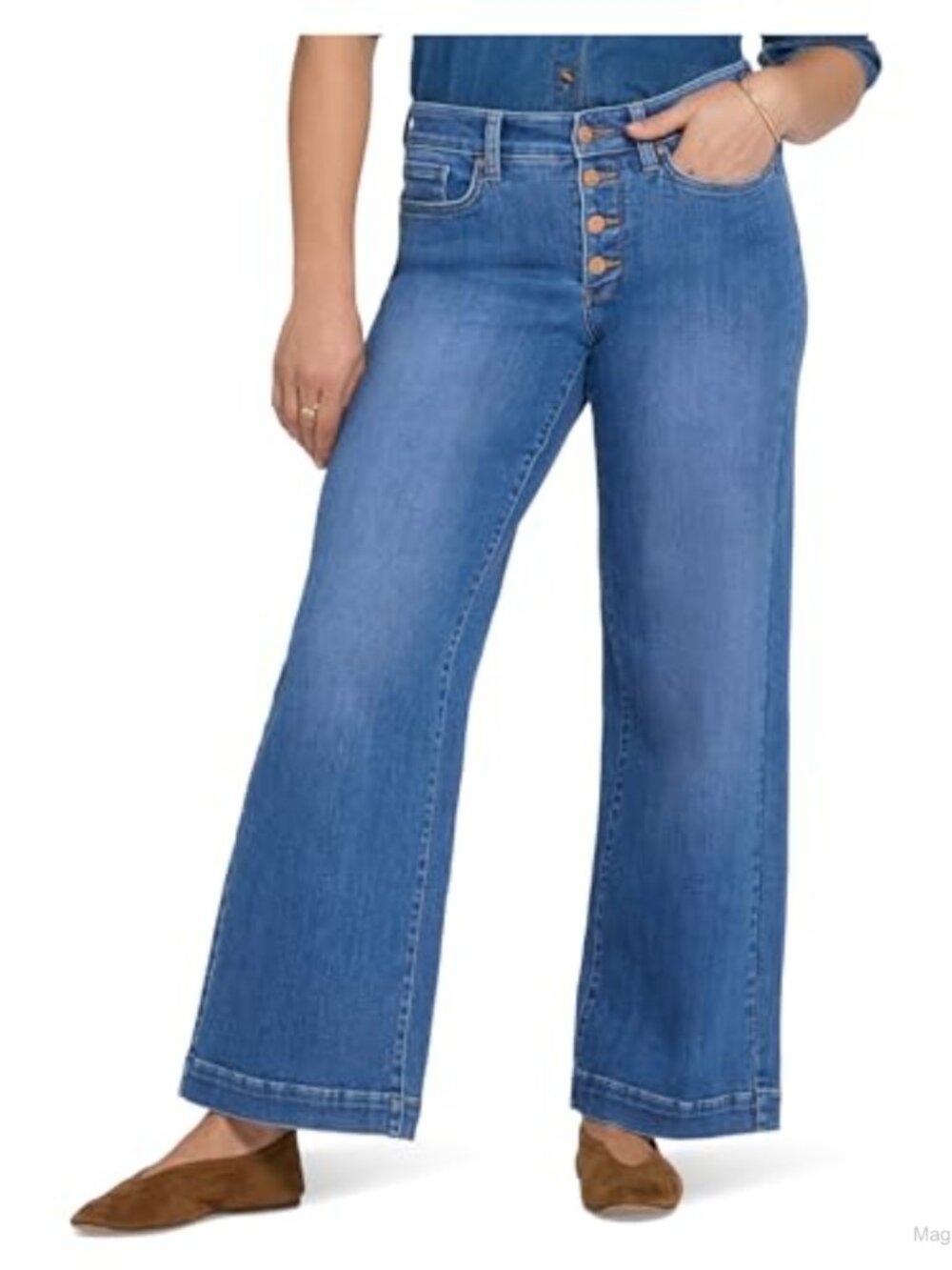 Wide Leg Jeans Mid Rise Relaxed Fit Stretchable Cotton Blend
